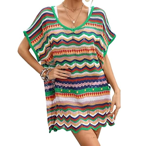 Vrouwen Crochet Strand Bikini Cover Up Korte Mouw Holle uit Crochet Cover Ups Dress Zomer Zwemkleding Top (Color : Green, Size : XL)