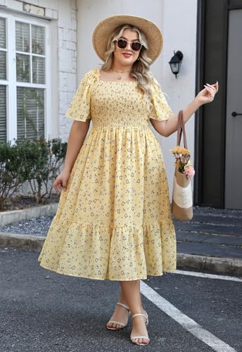 Image of Keluummi Plus Size Wedding Guest Maxi Dresses for Curvy Women, Summer Casual Boho Floral Smocked Empire Waist A Line Sundress