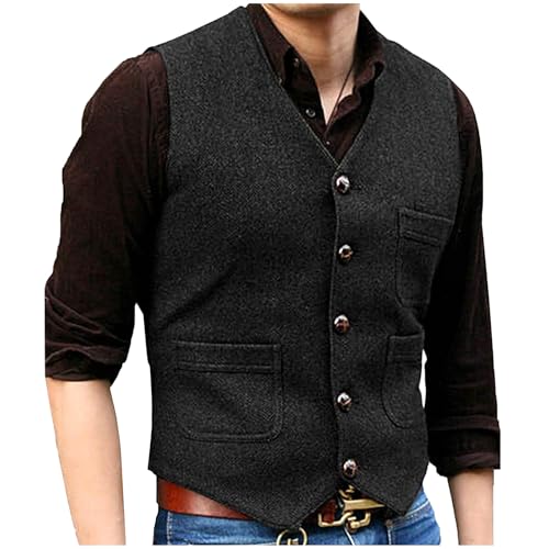 Mens Suit Vest Waistcoat Tweed Retro V Neck Herringbone Suit Vest Wool Blend Casual Prom Waistcoat Button Down