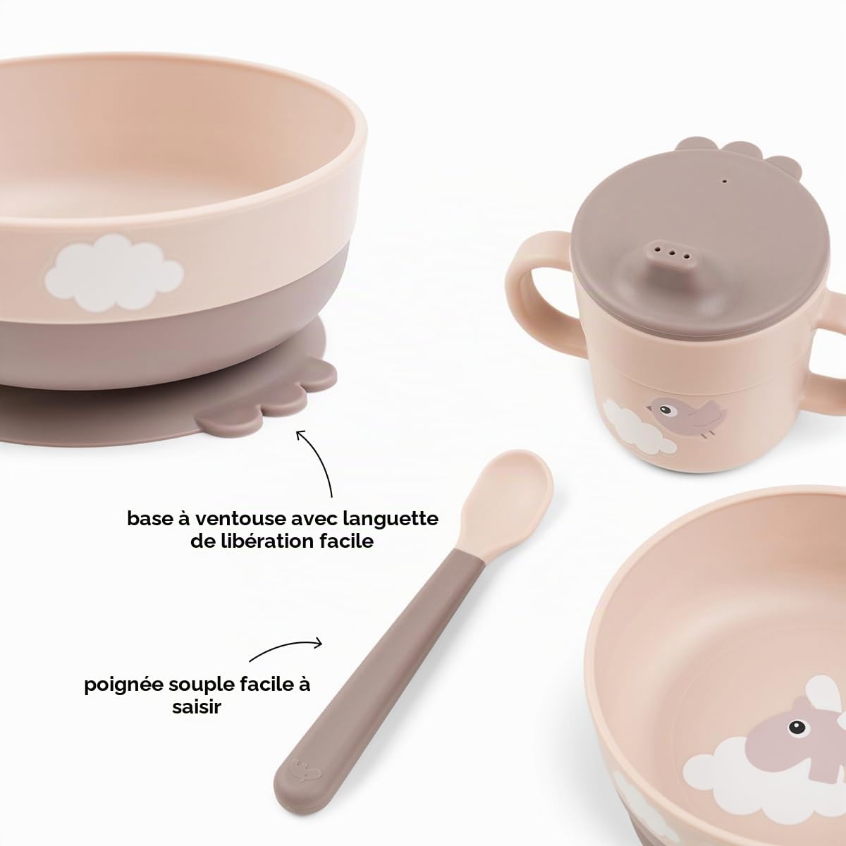 Done by Deer Foodie Coffret Repas Bebe - Set avec Bol Ventouse, Tasse Verseur & Cuillère Ergonomique - Vaisselle Bebe Compatible Micro-Ondes & Lave-Vaisselle