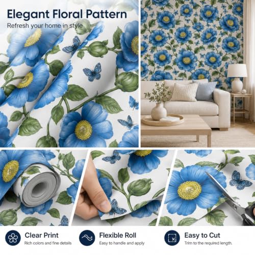 Image of Blue Floral Botanical Peel and Stick Wallpaper - Vintage Flower & Butterfly Self Adhesive Wallpaper Roll for Bedroom, Living Room, Kitchen, Furniture, Cabinets & Home Decor