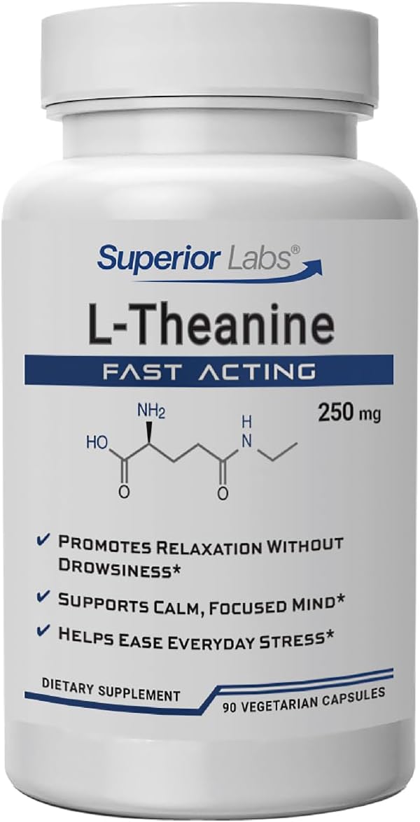 Superior Labs L-Theanine 250 mg Capsules, Non-GMO, Promotes Non Drowsy Relaxation & Helps Ease Everyday Stress, Supports Healthy Sleep, Promotes a Focused Mind, High Absorption, 90 Veg Caps