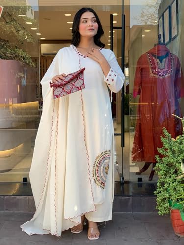 Image of GoSriKi Women Viscose Straight Kurta with Palazzo and Dupatta | Embroidered Kurta Set for Women | V-Neck Straight Ethnic Kurta Palazzo Outfit for Casual Festive & Party