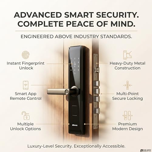 Image of Golens X33 Glossy Smart Door Lock | 6-in-1 Keyless Entry | Fingerprint, PIN, RFID, OTP, Mobile App & Key | WiFi Digital Lock (No Gateway Required) | Anti-Theft Alarm | Fits 30-100mm Doors
