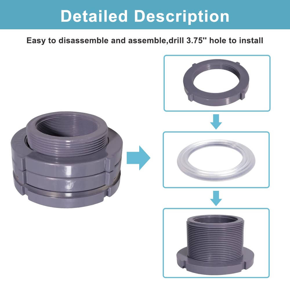 QuQuyi Adaptador de conector de tanque de agua de PVC de 2.5 pulgadas con tapones a granel para barriles de lluvia, acuarios, estanques (juego de 1)