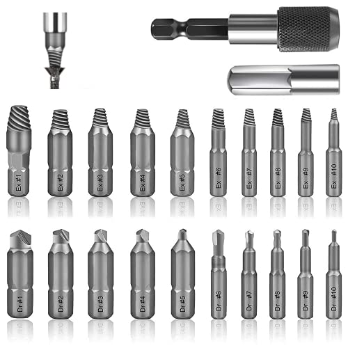 JIELISI Damaged Screw Extractor Set 22 PCS Stripped Screw Extractor Kit HSS Broken Screw Remover Tool Easy Out Broken Screw Extractor with Magnetic Extension Bit Holder & Socket Adapter