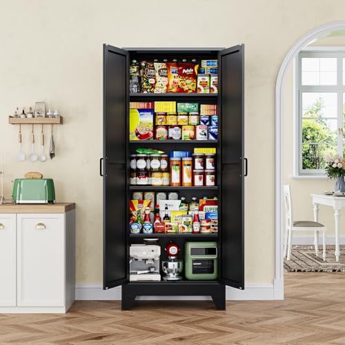 Image of Letaya 75 inch H Metal Storage Cabinet with 2 Doors and 4 Shelves,Tall Kitchen Pantry Cabinets,Farmhouse Utility Pantry Organizers for Cupboard /Dining /Bathroom /Home Office /Garage Room,Black