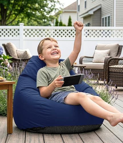 TopNaps Outdoor Kids Bean Bag Chair - Small Beanbag Sofa with Shredded Foam Filling, Splash-Proof Detachable Zipper Cover with a Handle for Patio Poolside Relaxing, Navy