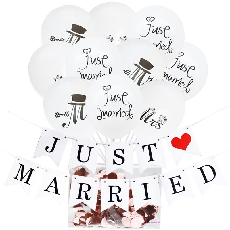 Pengpen Just Married Wedding Decorations Just Married Banner & Wedding Balloons for bridal shower Photo Booth Bachelorette Party, Wedding Car Decor Wedding Photography
