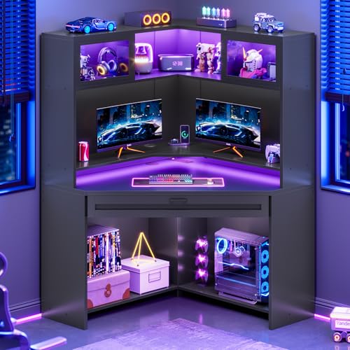 SEDETA 31.5 Corner Desk with Drawers Small Office Computer Desk with Storage Shelves & Hutch for Small Space Gaming Desk with LED Lights & Power Strip for Home Office Black