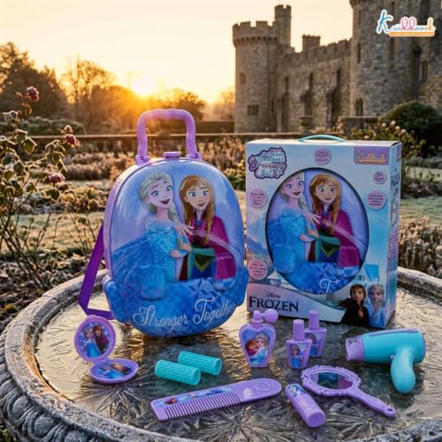 Image of Frozen 2-in-1 Backpack & Trolley Dressing Gift Set for Kids - 13 Pcs Pretend Play Makeup Kit with Electronic Dryer, Portable Beauty Vanity Suitcase for Girls Aged 3+ Years (Turkish Blue)