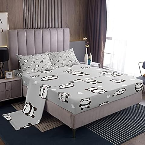 Kids Panda Bed Sheet Set Cute Bear Animal Bedding Sheets Boys Girls Cartoon Giant Panda Bedding Fitted Sheet Lovely Bear Heart Grey Decor Bed Cover With 1 Flat Sheet+1 Fitted Sheet+ 1 Pillowcase Twin Cover