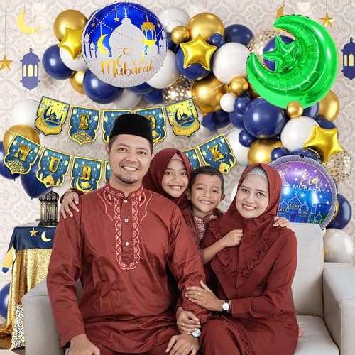 Image of Rozi Decoration Eid Mubarak Decoration Items with Eid Mubarak Foil Balloons, Moon & Star Foil Balloons for Eid Al Adha Mubarak Decorations| Bakrid Mubarak Decoration Pack of 55 Pcs