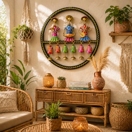 Image of iHandikart Handmade Metal Wall Art for Home Decor | 15 x 15 Inch Round Rajasthani Musician Wall Sculpture with Hanging Bells | Decorative Iron Wall Hanging for Living Room, Hallway, Office & Entryway