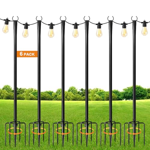 6 Pack String Light Poles for OutdoorMetal Light Hanging Pole Outside with ForkLight Stand for Patio Pergola Garden Backyard Yard Camping Party