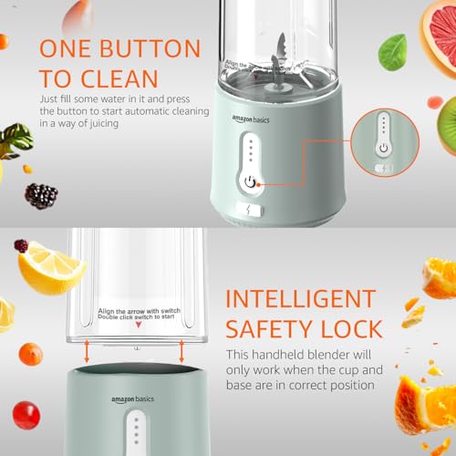 Image of Amazon Basics Portable Hand Blender for Smoothies & Juices | USB Rechargeable | 6 Stainless Steel Blades | 500 ml Food Grade Jar | 1 year Warranty | 2x2000 mAh Batteries (Saga Green)