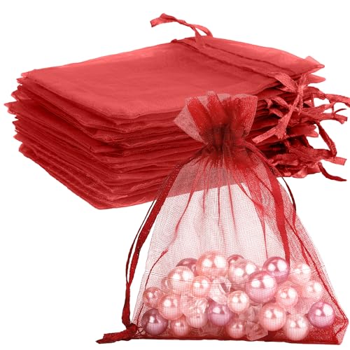 Image of BOEIAC Organza Bags: 50 Mini Mesh Candy Bags - Small Size (4 x 6 inch) for Wedding, Party, Valentine's Day Favor - Burgundy