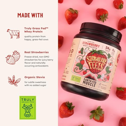 Image of Earth Fed Muscle Strawberry Feels Forever Irish Grass Fed Whey Protein Isolate, Third-Party Certified. 24g Protein, Strawberry - Non-GMO, Hormone Free, Soy Free, Gluten Free - 2 LB, 27 Servings