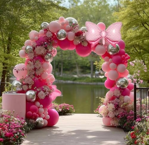 Image of Pink Balloon Arch Kit Double Stuffed Peach Pink Bow Balloon Garland Foil Silver Balloons For Happy Birthday Baby Shower Bridal Shower Wedding Girls Women Theme Tea Party Decor