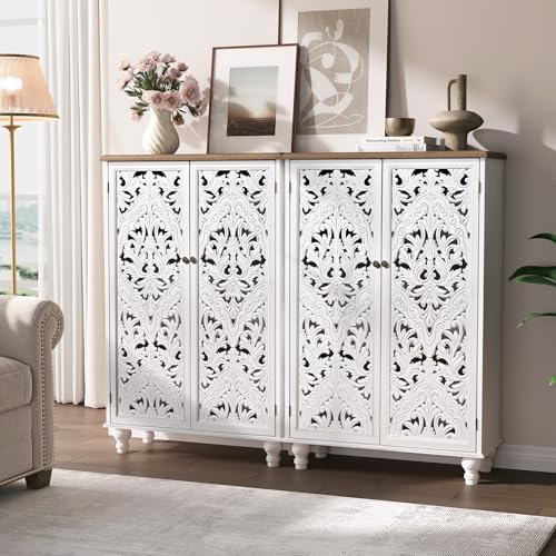 Image of JOINICE 47 inch Tall Accent Cabinet with Carved Doors & Storage for Living Room | Vertical Storage, Carved Floral Design, Mandala White Buffet, Boho /Farmhouse /Rustic Style, Adjustable Shelves, Easy Assembly