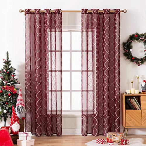 MIULEE 2 Piezas Cortinas Bordado Translucida para Dormitorio Moderno Ventana Visillos con 8 Anillas Dedoración para Salón Cuarto Comedor Sala Habitación Matrimonio Navidad 140x245cm Geometría Rojo