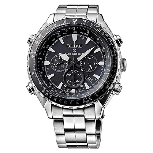 seiko men's radio sync solar chronograph silvertone with black dial