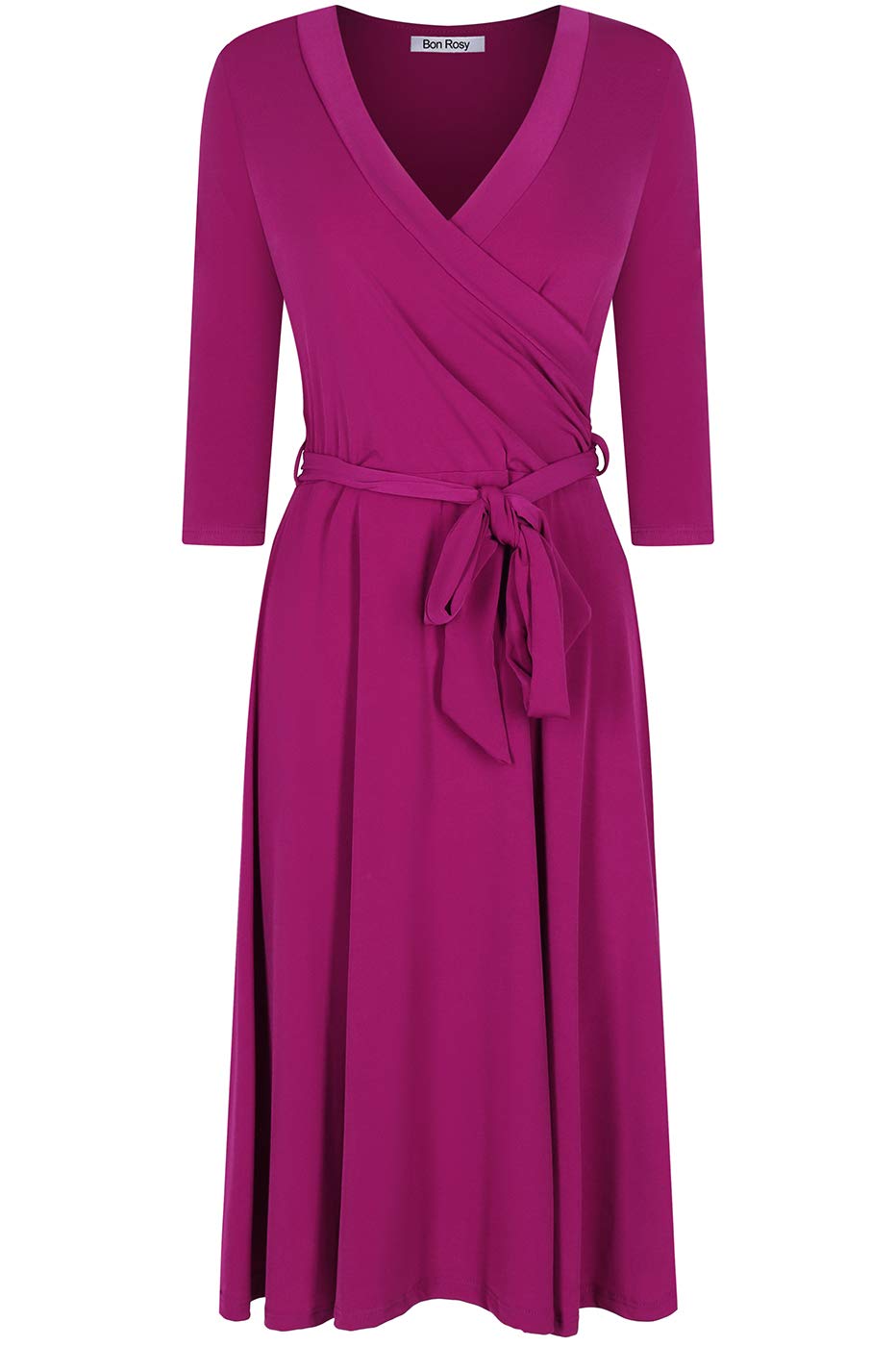 Women's 3/4 Sleeve Faux Wrap Midi Dress Knee Length Magenta M