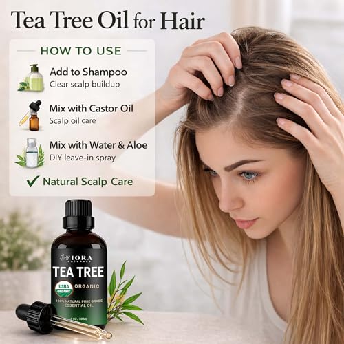 Image of Tea Tree Oil - 100% Pure Organic Tea Tree Essential Oil for Skin, Face, Hair, Scalp, Nails, and Toenail - Therapeutic Grade Tree Tea Oil for Acne & Hair Growth - 1 fl oz - By Fiora Naturals