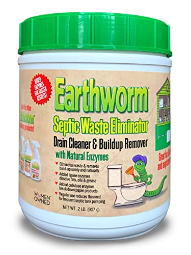 Earthworm Septic Waste Eliminator - 2lb Powder for Cleaning Septic Tanks and Drains, Added Lipase to Dissolve Fats, Added Cellulase to Break Down Paper, Cleans System with No Caustic Chemicals Earthworm Septic Waste Eliminator - 2lb Powder for Cleaning Septic Tanks and Drains, Added Lipase to Dissolve Fats, Added Cellulase to Break Down Paper, Cleans System with No Caustic Chemicals
