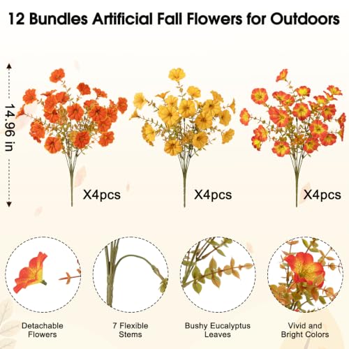 Image of Bassion Artificial Fall Flowers for Outdoor Decoration, 12 Pcs Fake Petunia | Realistic, silk flowers, faux morning glory, UV resistant, autumn garden front door porch patio yard planter home decorations