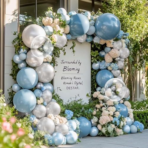 Image of Dusty Blue and White Balloons Garland Double Stuffed Pearl Light Blue Bobo Balloon Arch Kit for Birthday Baby Shower Wedding Bridal Cinderella Frozen Winter Party Decorations