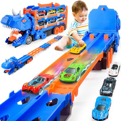 EUTOYZ Dinosaur Toys for 2 3 4 5 Year Olds Boys Gifts Transport Race Truck Toy Cars for Boys Age 2 3 4 5 6 Year Olds Boy Kids Toy for Toddlers Boy Birthday Presents Dinosaur Race Truck with 6 Cars