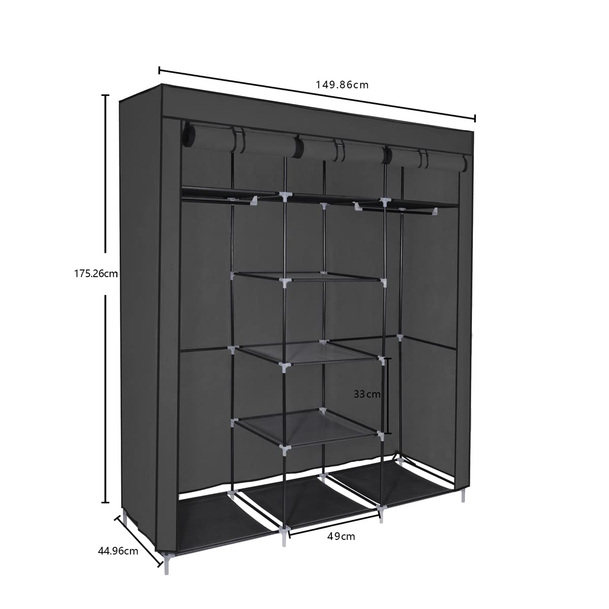 T-LOVENDO.ES Armario de Tela ropero estantería con Cremallera Plegable Modular portátil Grande 175 x 150 x 45 cm. Tubos de Acero para Perchas. Varios estantes Robusto y Estable. Negro