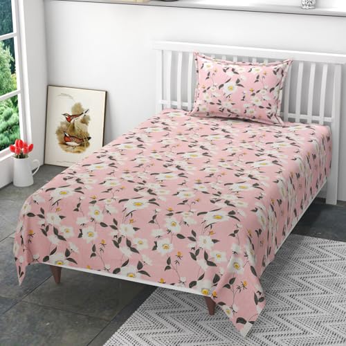 Image of 200 TC 100% Polycotton Printed Supersoft Bedsheet for Single Bed with 1 King Size Pillow Covers Soft /Breathable Wrinkel Free -60x90 Inches -Pink
