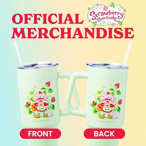Image of Silver Buffalo Strawberry Shortcake and Custard inchLife is Delicious! inch Double Walled Stainless Steel Tumbler with Handle, Fits in Standard Cup Holder, 40 Ounces