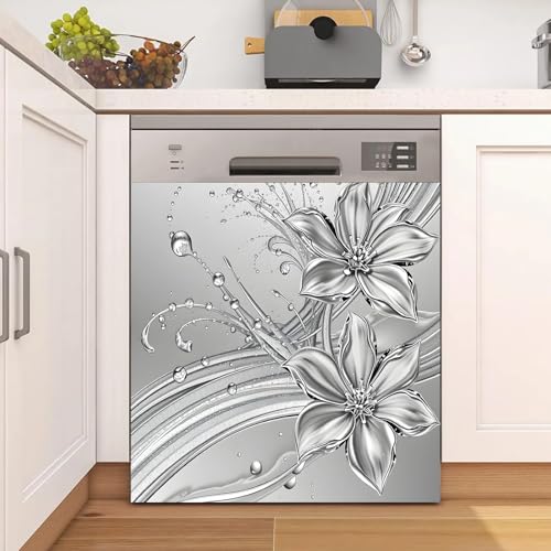 Image of Silver Floral Dishwasher Magnet Cover for Washers Fridge Cover Panel Decal Home Kitchen Decor,Washing Machine Cabinet Reusable Dishwasher Covers,26 x 23 inch