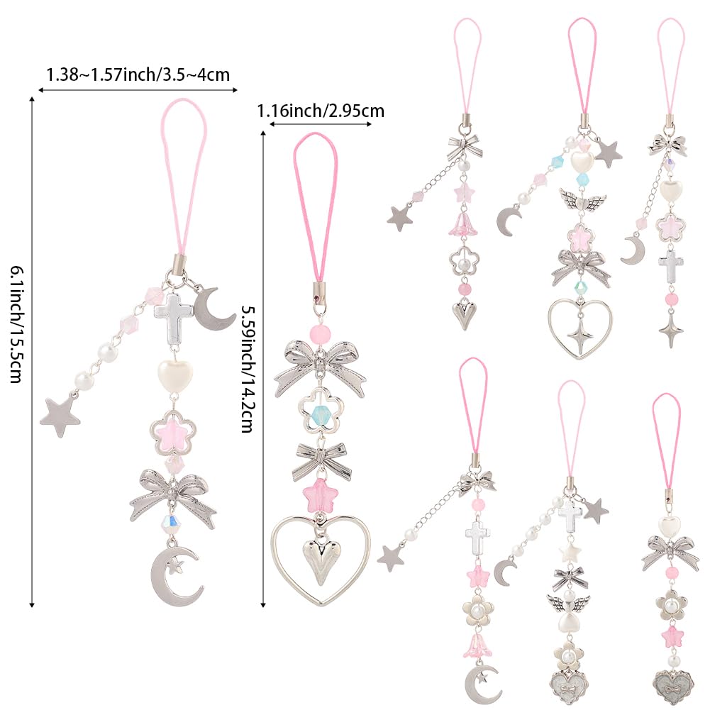 SUNNYCLUE 1 Box DIY 8 Sets Phone Charm Kit Bow Phone Charms Strap Cute Kawaii Bowknot Phone Keychain Pendants Wing Heart Star Pink Beads for Women Adults Cellphone Case Keychains Bag Decoration - Image 3