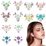 12Pcs Face Gems Stickers, Face Jewels with Diamond, Rhinestones Pearl Spring Flowers Forehead Sticker for Women Girls Decoration Festival Party Self-Adhesive DIY Body Art Decals