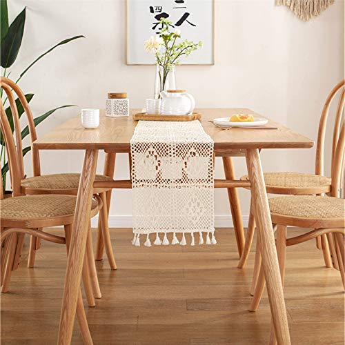 Farmhouse Cotton Table Runner Crochet Tassels Vintage Rustic Bohemian Style Table Runner for Home Dining Kitchen Wedding Table Decor (10 x 72 inch, Beige)