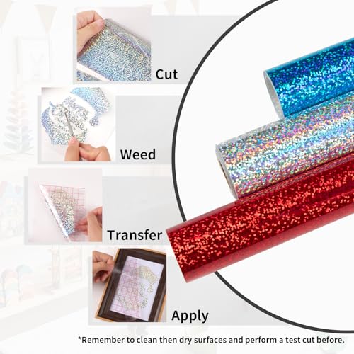Image of HTVRONT Holographic Glitter Permanent Vinyl, 12 inch x 10ft Sparkle Blue Permanent Adhesive Vinyl, Easy to Weed & Transfer Glitter Roll Compatible with Cricut Cutting Machine, Crafts, Silhouette, Decal