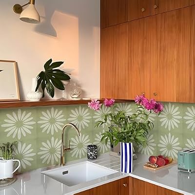 Alwayspon 10Pcs Peel and Stick Tile Transfer Stickers, Green White Floral Tile Decal Self-Adhesive Vinyl Backsplash Stick on Tiles for Kitchen Bathroom, 20cm/8inch