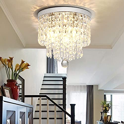 GKICG Modern Crystal Chandelier,Crystal Flush Ceiling Lamp,H11.81 X W9.84 Chandelier Ceiling Lamp for Bedroom Dining Living Room Hallway Bathroom,Chrome(e12 Base)