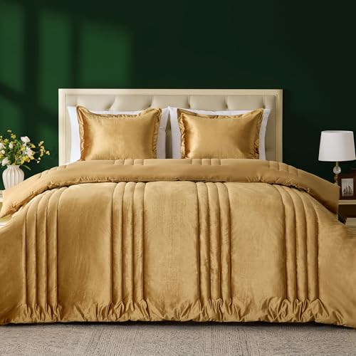 MUSSEL Velvet King Size Comforter Set 3 Pieces,Luxury Gold All Season Cozy Velvet Bedding Comforter Sets,Modern Striped Lightweight Fluffy Bedroom Sets
