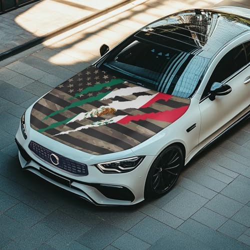 Image of Mexican Flag for Car Hood Cover Weatherproof Automotive Exterior Accessories Universal Fit Hood Covers for Cars, Trucks, SUV, or Van Full Coverage, Camo American