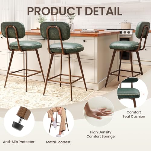 Image of MALOL 26 inch Swivel Bar Stools Set of 4, Mid Century PU Leather Counter Height Bar Chairs with Low Back and Metal Legs, Modern Bar Stool Chair for Kitchen Island, Green