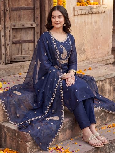 Image of INDO ERA Women's Viscose Self Design Straight Kurta with Pant & Dupatta Set