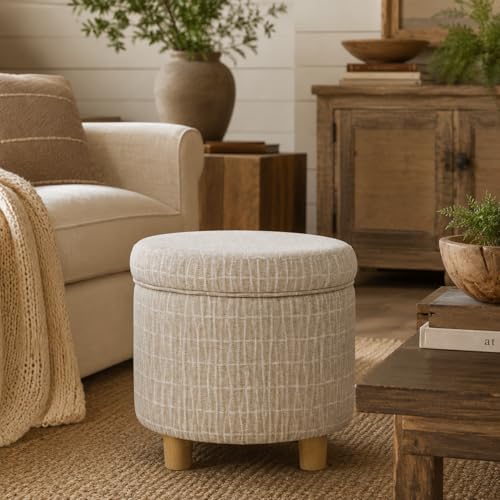 Image of HomePop 19 inch Round Storage Ottoman - Tan Geometric Pattern
