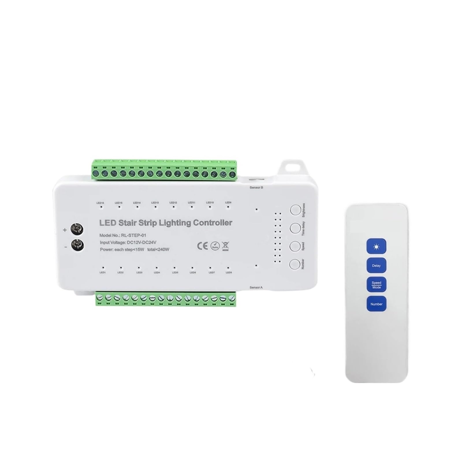 Controlador De Escalones De Escalera LED De 16 Vías Con Sensor De Movimiento PIR, Luz Nocturna Con Atenuación De Movimiento For Interiores, Luz Ambiental Flexible For El Hogar De 12 V/24 V.(Controller