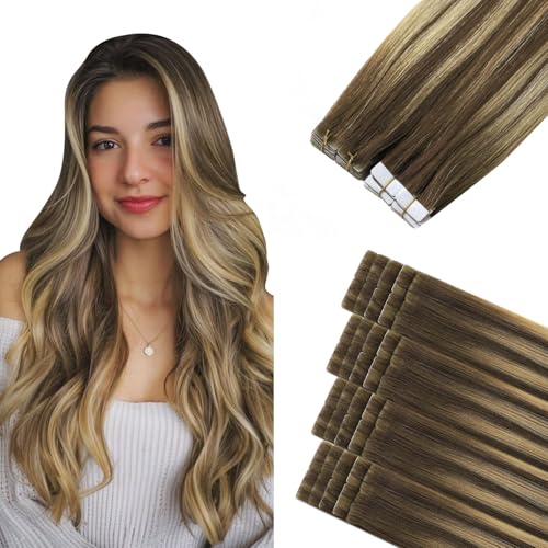 Image of Sindra Invisi Edge Tape in Extensions Human Hair | 18Inch 20pcs 50g, Seamless Injected Tape Ins Extensions, Medium Brown to Caramel Blonde, Invisible Tape in Hair