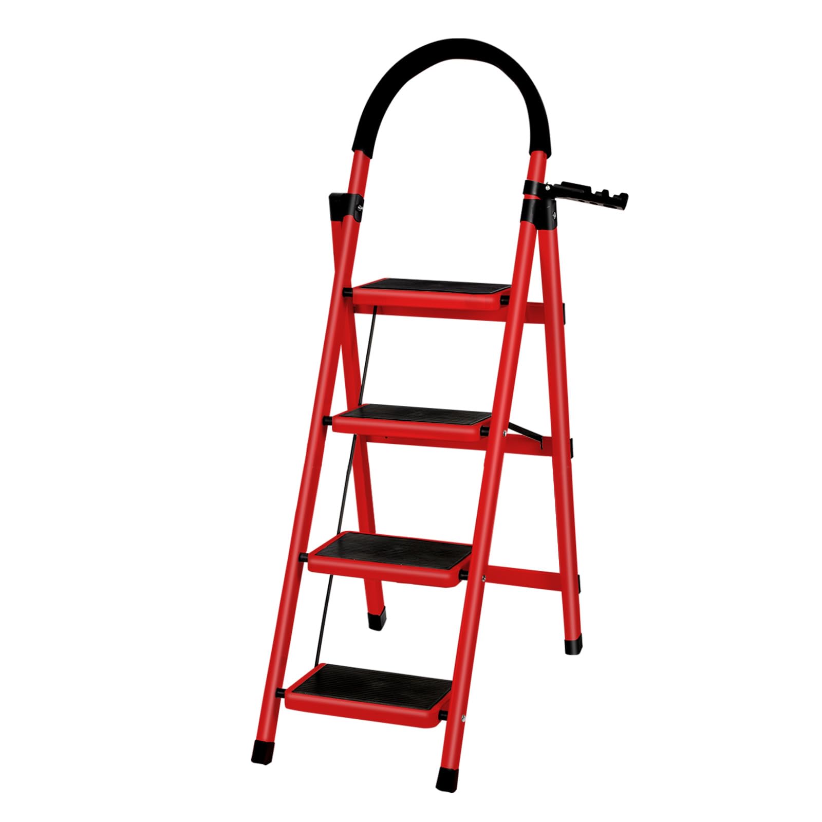 Escabeau Ménager 4 Marches en Aluminium avec Mains Courantes 150 KG Escabeau en Aluminium Echelle Multifonctions pour Maison et Bureau-133 x 74 x 39 cm - 4 marches (Rouge)